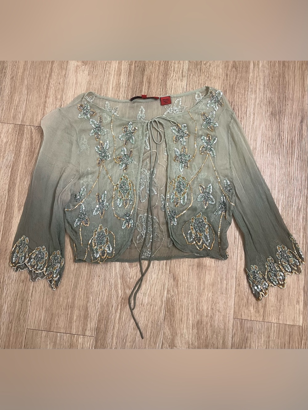 Lapetina y lomeli 100% silk Embellished Sage Tie-Front Embroidered Tunic Top